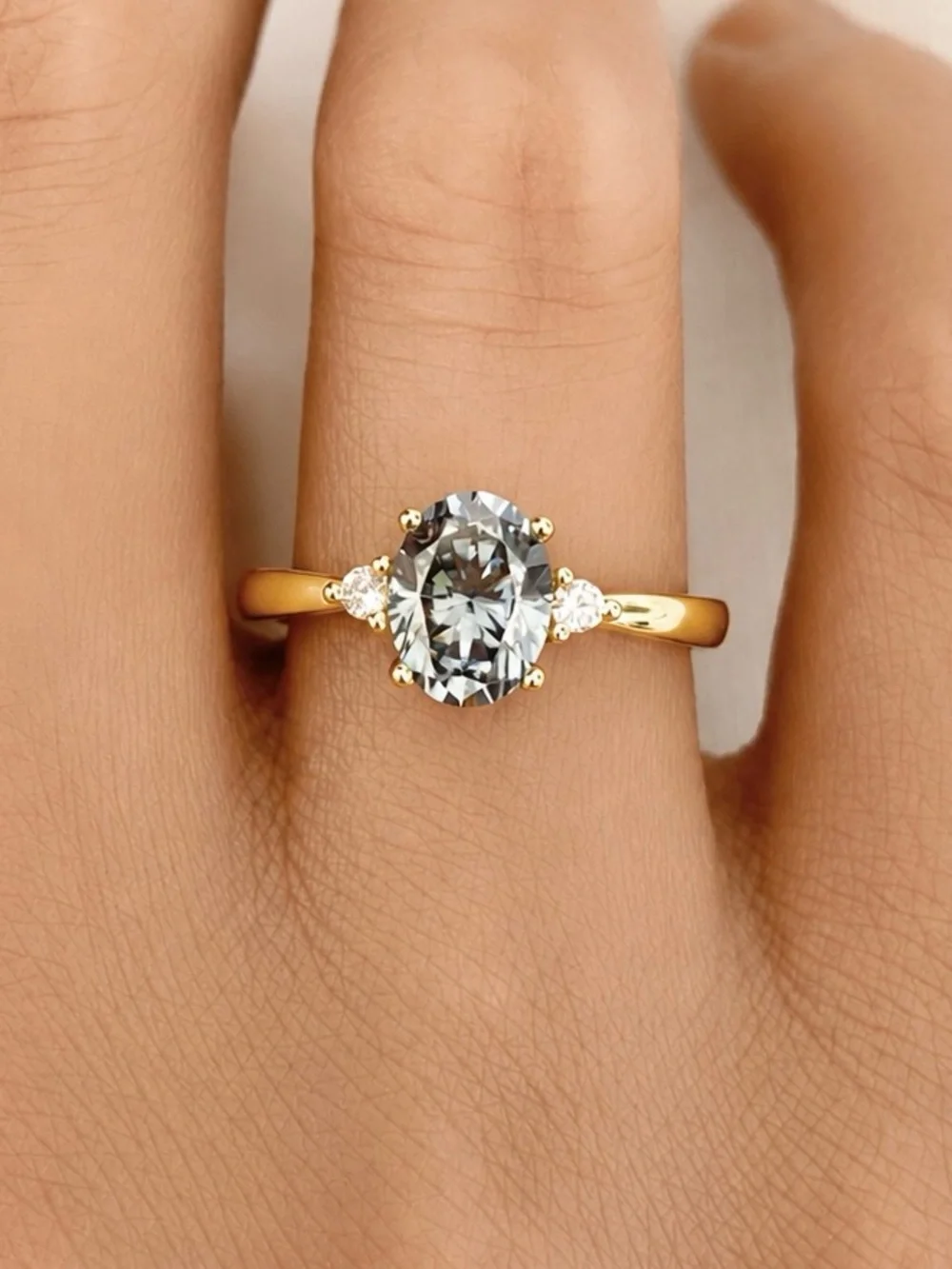 Gold Three Stone Oval Light Gray Blue Moissanite Diamond Sterling Silver Ring